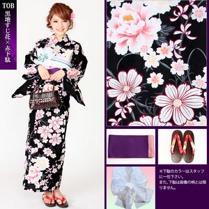夏祭り愛され浴衣4点セットT0B(黒地すじ花×赤下駄)の画像